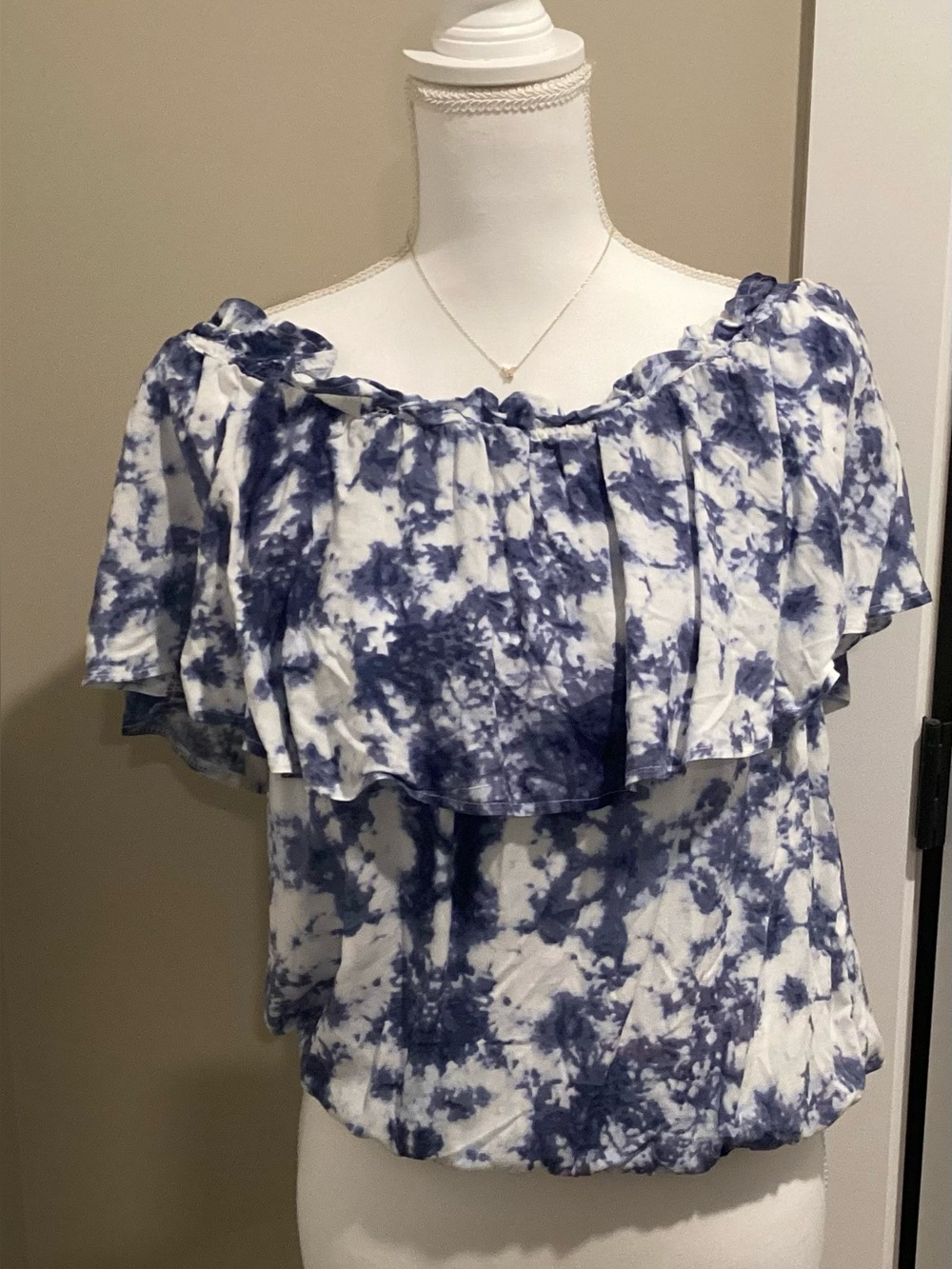 Francesca's Collections Blue and White Tie-Dye Off-Shoulder Ruffle Crop Top